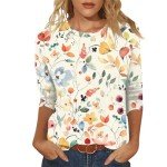 Plus Size Tops for Women 3/4 Sleeve Round Neck Loose Cute Summer Tee Shirts Dressy Casual Print Trendy Vacation Blouses Tunic Medium 92-Beige