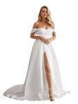Off Shoulder Satin A Line Wedding Dresses for Bride 2025 Long Sparkly Sequin Sweetheart Bridal Ball Gown Wedding Gowns with Split White 12