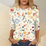 Plus Size Tops for Women 3/4 Sleeve Round Neck Loose Cute Summer Tee Shirts Dressy Casual Print Trendy Vacation Blouses Tunic Medium 92-Beige