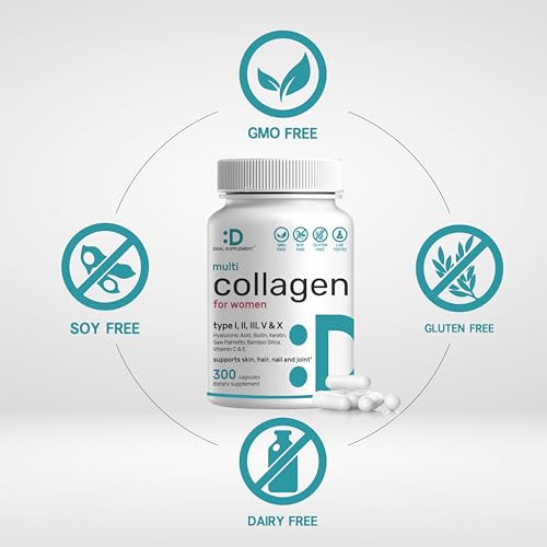 DEAL SUPPLEMENT Multi-Collagen Pills for Women with Vitamin C, E, & Biotin, 300 Capsules – 11 in 1 Formula with Saw Palmetto, Bamboo Silica, & Hyaluronic Acid – Hair, Skin, Nail, & Joint Health