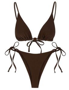 ZAFUL Women's Sexy Halter Bikini Sets Beads Tie Side Solid Triangle Thong Swimsuit Two Piece Cheeky Bathing Suits (b-Brown, L)