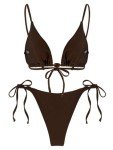 ZAFUL Women's Sexy Halter Bikini Sets Beads Tie Side Solid Triangle Thong Swimsuit Two Piece Cheeky Bathing Suits (b-Brown, L)