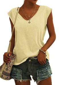 AUSELILY Womens Cap Sleeve T-Shirt Casual Loose Fit Tank Tops, Beige S
