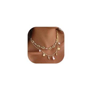 Shell Charm Necklace For Women Stack 14k Gold Plated Saeshell Pearl Necklace Dainty Starfish Beach Layered Pendant Summer Boho Jewelry Gifts (Style B)