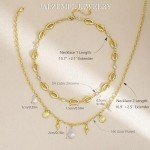 Shell Charm Necklace For Women Stack 14k Gold Plated Saeshell Pearl Necklace Dainty Starfish Beach Layered Pendant Summer Boho Jewelry Gifts (Style B)