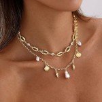 Shell Charm Necklace For Women Stack 14k Gold Plated Saeshell Pearl Necklace Dainty Starfish Beach Layered Pendant Summer Boho Jewelry Gifts (Style B)