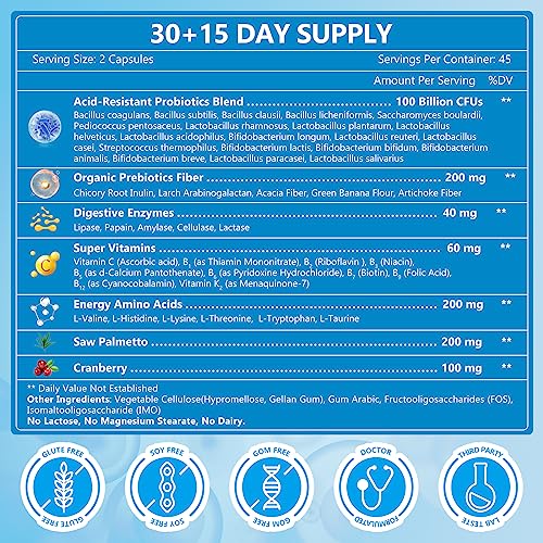 Probiotics for Men Digestive Health with Digestive Enzymes & Prebiotics, 100 Billion CFUs, Men's Probiotics with Saw Palmetto & Cranberry for Prostate & Urinary Tract Health, 90 Veggie Capsules