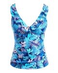 Yonique Women's Tankini Top Only Tummy Control Bathing Suit Top Ruffle Swimsuit Top V Neck Swim Tank Top No Bottom Blue Leaves L