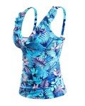 Yonique Women's Tankini Top Only Tummy Control Bathing Suit Top Ruffle Swimsuit Top V Neck Swim Tank Top No Bottom Blue Leaves L