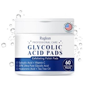 Ragkun Exfoliating Pads - Glycolic Acid 20% Toner Pads for Facial Radiance with Salicylic Acid and Vitamins B5, C & E, Dual Action Gentle Face Pad with Deep Cleaning Effect 60 Count