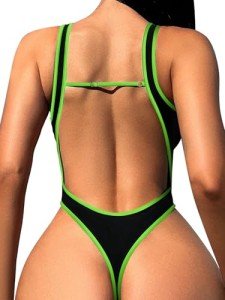 Foxiny Sexy Backless Cheeky High Cut Leg Thong V Neck Tummy Control One Piece Swimsuit Women Brazilian Open Back Bathing Suit Bikini Black Neon Green Large
