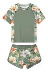 Idgreatim Hawaiian Rash Guard Swimsuit for Girls Tropical Floral Bathing Suit Size 14 15T Green Swimwear with Shorts
