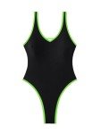 Foxiny Sexy Backless Cheeky High Cut Leg Thong V Neck Tummy Control One Piece Swimsuit Women Brazilian Open Back Bathing Suit Bikini Black Neon Green Large