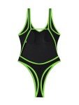 Foxiny Sexy Backless Cheeky High Cut Leg Thong V Neck Tummy Control One Piece Swimsuit Women Brazilian Open Back Bathing Suit Bikini Black Neon Green Large