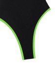Foxiny Sexy Backless Cheeky High Cut Leg Thong V Neck Tummy Control One Piece Swimsuit Women Brazilian Open Back Bathing Suit Bikini Black Neon Green Large