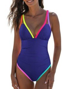 popvil Women's One Piece 2025 Tummy Control Swimsuits Neon Color Block Swimwear Deep V Neck Slimming Bathing Suit