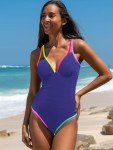 popvil Women's One Piece 2025 Tummy Control Swimsuits Neon Color Block Swimwear Deep V Neck Slimming Bathing Suit