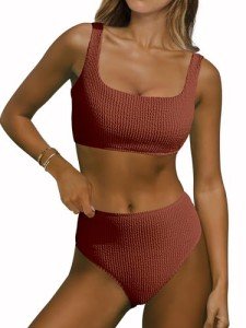 ANRABESS Women Swimsuits Two Piece Bikini Set High Waisted Ribbed Tummy Control Modest Bathing Suits 2025 Beach Swim Wear Red Brown Large