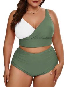 Eytino Plus Size Bathing Suit for Women Front Wrap V Neck Bikini Tops with High Waist Bottoms Sporty Two Piece Swimsuits,4X Jungle Green
