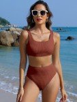 ANRABESS Women Swimsuits Two Piece Bikini Set High Waisted Ribbed Tummy Control Modest Bathing Suits 2025 Beach Swim Wear Red Brown Large