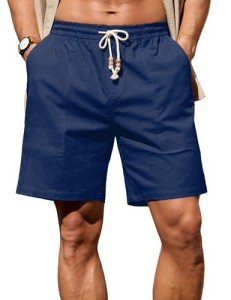 Sailwind Men's Linen Cotton Shorts 7" Elastic Waist Drawstring Casual Summer Beach Shorts Navy Blue