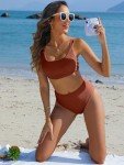 ANRABESS Women Swimsuits Two Piece Bikini Set High Waisted Ribbed Tummy Control Modest Bathing Suits 2025 Beach Swim Wear Red Brown Large