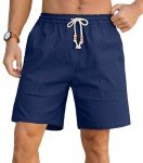Sailwind Men's Linen Cotton Shorts 7" Elastic Waist Drawstring Casual Summer Beach Shorts Navy Blue