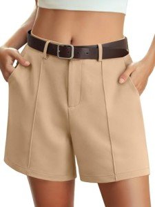 Feiersi Womens Casual High Waisted Elastic Waist Wide Leg Tailored Shorts Pleated Trendy Dressy Work Trouser Shorts(Khaki,Small)