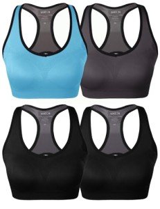 Match Racerback Sports Bras for Women – Padded Seamless Strappy Workout Tops for Yoga Gym Runing Fitness Sports Bras (1 Pack of 4(Black/Black/Gray-Brown/Sky-Blue), Medium)