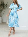Ladyful Womens Summer Floral Midi Shirt Dress Button Down Short Sleeve Boho Maxi Dress Cocktail Wedding Guest Shirtdress