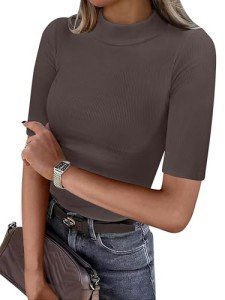 ANRABESS Womens Tops Mock Neck Half Sleeve Shirts Ribbed Knit Slim Fit Basic Tee 2025 Spring Summer Dressy Casual T-Shirts Brown Large