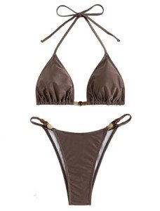 ZAFUL Women's Sexy Halter Bikini Sets Beads Tie Side Solid Triangle Thong Swimsuit Two Piece Cheeky Bathing Suits (c-Brown, S)