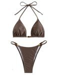 ZAFUL Women's Sexy Halter Bikini Sets Beads Tie Side Solid Triangle Thong Swimsuit Two Piece Cheeky Bathing Suits (c-Brown, S)