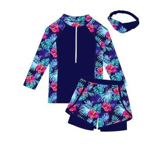 Idgreatim Girls Swimsuit 9-10 Years 3 Piece Rashguard Set with Headband Tropical Bathing Suit UPF 50+ Swimwear Blue