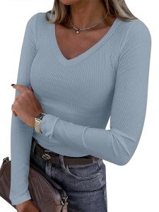 ANRABESS Long Sleeve Shirts for Women V Neck Ribbed Knit Slim Fall Basic Tshirts Going Out Tops 2025 Casual Trendy Clothes Grey Blue Medium