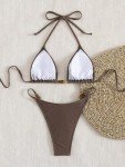 ZAFUL Women's Sexy Halter Bikini Sets Beads Tie Side Solid Triangle Thong Swimsuit Two Piece Cheeky Bathing Suits (c-Brown, S)