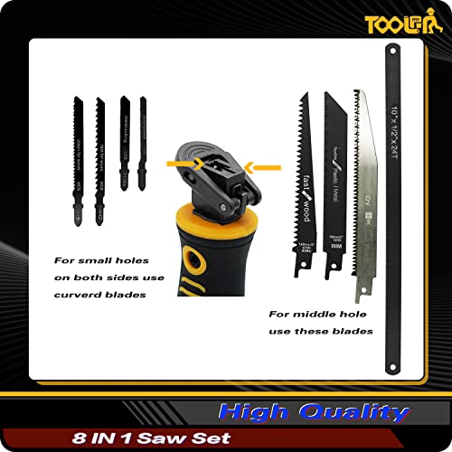 TOOLAN: 8-In-1 Multi Blades Hand Saw, Drywall Cutter Saw. Hacksaw. Long Blade Hand Saw, Jab Saw, For Cutting Drywall, Sheetrock, Wood, Metel, Plastic, Plywood. Blade Quick Change Mechanism.