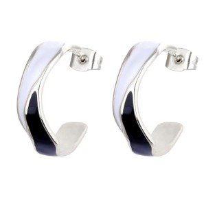 TaYolnFaSo White and Black Enamel Hoop Earrings Stainless Steel C-Shaped Earrings Two Tone Enamel Jewelry Gift for Women
