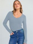 ANRABESS Long Sleeve Shirts for Women V Neck Ribbed Knit Slim Fall Basic Tshirts Going Out Tops 2025 Casual Trendy Clothes Grey Blue Medium