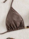 ZAFUL Women's Sexy Halter Bikini Sets Beads Tie Side Solid Triangle Thong Swimsuit Two Piece Cheeky Bathing Suits (c-Brown, S)