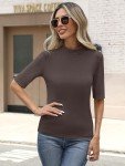 ANRABESS Womens Tops Mock Neck Half Sleeve Shirts Ribbed Knit Slim Fit Basic Tee 2025 Spring Summer Dressy Casual T-Shirts Brown Large