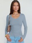 ANRABESS Long Sleeve Shirts for Women V Neck Ribbed Knit Slim Fall Basic Tshirts Going Out Tops 2025 Casual Trendy Clothes Grey Blue Medium