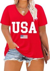 ForHailey USA Shirts Women 4th of July Patriotic Tops V Neck American Flag Plus Size Short Sleeve Tee Tshirt Red XX-Large