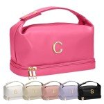 Vogewood Bridesmaid Proposal Gifts Gift Ideas, Travel Makeup Bag with Handle, Initial Double Layer Cosmetic Bag with Makeup Brush Organizer, Cute Cosmetic Pouch for Women, Gifts for Friends Female Mom