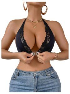 MakeMeChic Women's Lace Bralette Triangle Sexy Bras Deep V Front Closure Bra Black Lace C Small