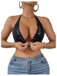 MakeMeChic Women's Lace Bralette Triangle Sexy Bras Deep V Front Closure Bra Black Lace C Small