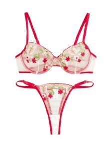 Lilosy Sexy Floral Embroidered Mesh Sheer Underwire Push Up Lingerie Set Women See Through Bra and Panty 2 Piece Sun Floral Red Medium