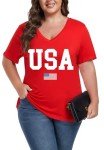 ForHailey USA Shirts Women 4th of July Patriotic Tops V Neck American Flag Plus Size Short Sleeve Tee Tshirt Red XX-Large