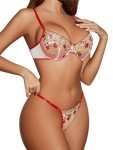Lilosy Sexy Floral Embroidered Mesh Sheer Underwire Push Up Lingerie Set Women See Through Bra and Panty 2 Piece Sun Floral Red Medium