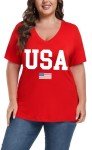 ForHailey USA Shirts Women 4th of July Patriotic Tops V Neck American Flag Plus Size Short Sleeve Tee Tshirt Red XX-Large